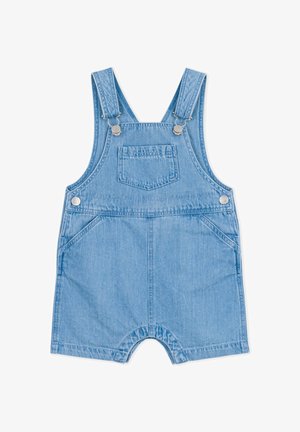 Hellblaue Denim-Latzhose mit verstellbaren Trägern, Fronttasche und zwei Seitentaschen. Verfügt über einen abgerundeten Saum und eine weiche Textur.