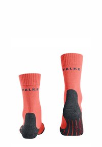 Korale skarpetki z prążkowanymi ściągaczami i niebieskim logo "FALKE"; szara wzmocniona podeszwa z teksturowanym chwytem dla lepszej przyczepności; anatomiczny kształt dla komfortu.