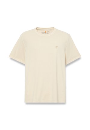 Hellbeiges T-Shirt mit kurzen Ärmeln aus weichem Stoff, mit Rundhalsausschnitt und einem kleinen Logomotiv auf der Brust.