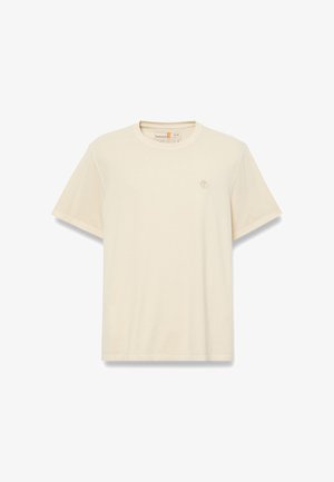 Hellbeiges T-Shirt mit kurzen Ärmeln aus weichem Stoff, mit Rundhalsausschnitt und einem kleinen Logomotiv auf der Brust.