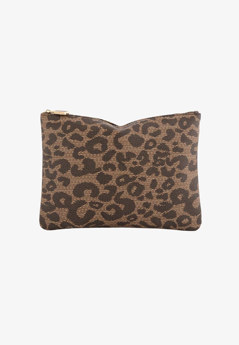 Tasche mit Leopardenmuster aus strukturiertem Stoff mit einem dunkelbraunen Reißverschluss. Rechteckige Form mit einer glatten, flachen Oberfläche.