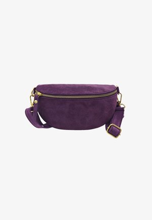 Sac à bandoulière en suède violet avec une forme arrondie et une fermeture éclair dorée. Il dispose d'une sangle ajustable et d'une texture lisse.