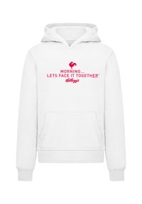 White hoodie with a kangaroo pocket, featuring pink text: "MORNING... LETS FACE IT TOGETHER™" and a rooster graphic above the text.
