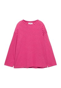 Hosszú ujjú, élénk rózsaszínű ing vízszintes világos rózsaszín csíkokkal. Kerek nyakkivágással és laza szabással rendelkezik. Puha pamut anyagból készült.