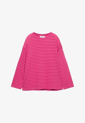 Tričko s dlhým rukávom v jasnej ružovej farbe s horizontálnymi svetloružovými pruhmi. Má okrúhly výstrih a voľný strih. Mäkký bavlnený materiál.