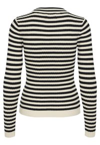 Pull à manches longues côtelé avec rayures horizontales noires et blanches, taille ajustée et col rond, vu de dos.