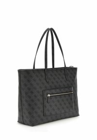 Black tote bag with a textured finish, features two long handles and a front zip pocket, minimalist design with subtle embossed pattern.