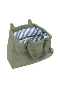 Borsa in tessuto verde oliva di forma rettangolare, con un interno a strisce blu e bianche, manici corti e dettagli in metallo dorato.