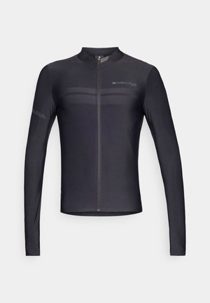 Schwarzes Langarm-Radtrikot aus dehnbarem Stoff, mit einem Reißverschluss vorne, hohem Kragen und dezenten Logo-Akzenten an den Ärmeln.