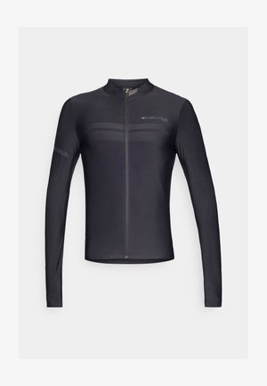Schwarzes Langarm-Radtrikot aus dehnbarem Stoff, mit einem Reißverschluss vorne, hohem Kragen und dezenten Logo-Akzenten an den Ärmeln.