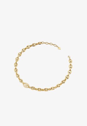 Goldkette mit mittelgroßen Gliedern, versehen mit einem runden Anhänger, der mit kleinen Kristallen besetzt ist, und einem dreieckigen Endanhänger.