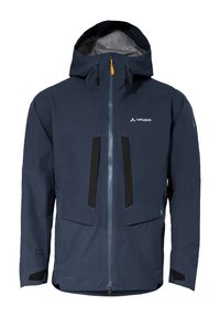 Giacca impermeabile navale con cappuccio, dotata di zip frontale, due tasche sul petto e accenti neri. Realizzata in materiale resistente e traspirante.