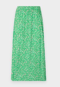 Grøn blomster maxi-nederdel med en samlet elastisk talje, lavet af et let stof prydet med små lyserøde og hvide blomstermønstre.