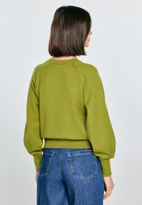 Žena s hnědými vlasy po ramena, oblečená v zeleném svetru s dlouhým rukávem a modrých džínách s vysokým pasem, stojící zády k pozadí bez vzoru.