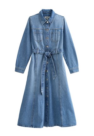 Lange mouwen blauwe denimjurk met knopen aan de voorkant, twee borstzakken, kraag en bijpassende stoffen riem die in de taille is gestrikt.