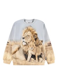 Hellgrauer Sweatshirt mit einem Druck von einem Löwen und zwei Jungen. Lange Ärmel mit gerippten Bündchen, weicher Textur und rundem Ausschnitt.