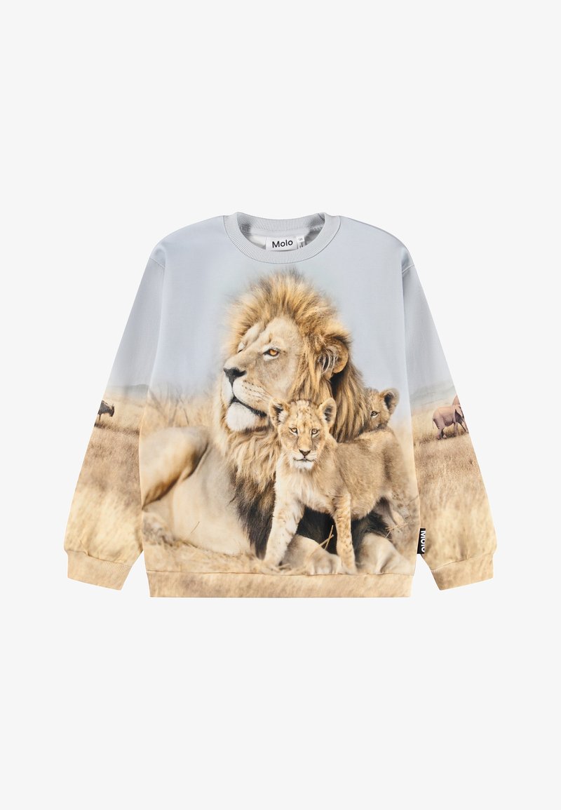 Felpa grigia chiaro con stampa di un leone e due cuccioli. Maniche lunghe con polsini a coste, texture morbida e scollatura rotonda.