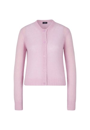 Light pink cardigan made of soft knit fabric. Features a round neck, six buttons, and ribbed cuffs. Simple, fitted design; lightweight texture.