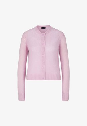Light pink cardigan made of soft knit fabric. Features a round neck, six buttons, and ribbed cuffs. Simple, fitted design; lightweight texture.