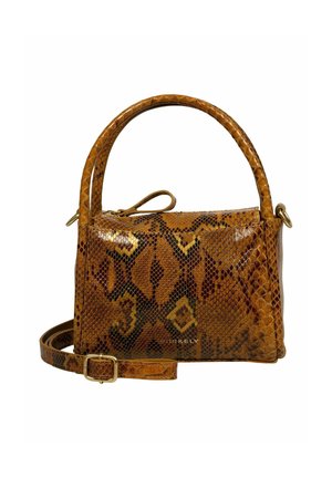 Borsa a tracolla in pelle di serpente marrone con forma strutturata, una maniglia corta e una tracolla removibile. Presenta dettagli in oro e una texture lucida.