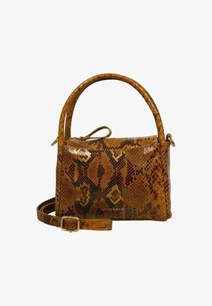 Brown snakeskin handbag with a structured shape, a short handle, and a detachable strap. Features gold hardware and a shiny texture.