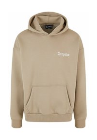 Beige Kapuzenpullover aus weichem Material, mit einer Kängurutasche, gerippten Bündchen und einem weißen Logo auf der Brust.