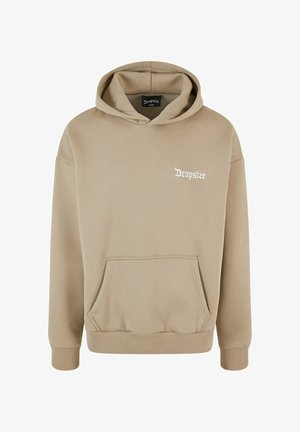 Sweat à capuche beige en tissu doux, avec une poche kangourou, des poignets côtelés et un logo blanc sur la poitrine.