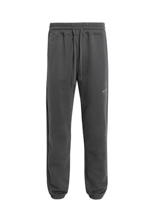 Gray sweatpants made of soft fabric, featuring an elastic waistband with a drawstring, ribbed cuffs, and a subtle logo on the leg.