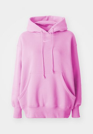 Lyserød hoodie med snortræk til hætten, forlomme og ribbede manchetter. Har et lille hvidt Nike-logo på brystet. Blødt bomuldsmateriale.