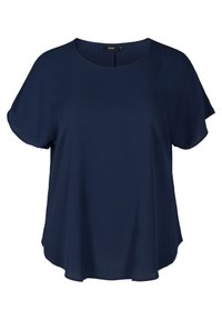 Haut bleu marine à manches courtes en tissu léger, avec un col rond et une coupe ample et fluide, dotée de fentes sur les côtés.