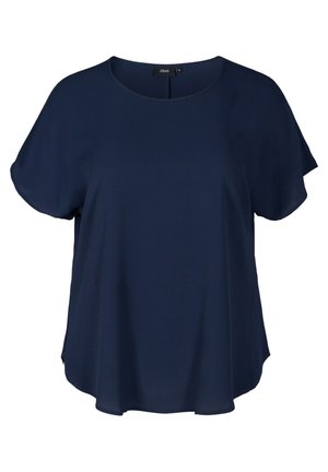Top blu navy a maniche corte realizzato in tessuto leggero, con scollatura tondeggiante e una vestibilità ampia e fluida con spacchi laterali.