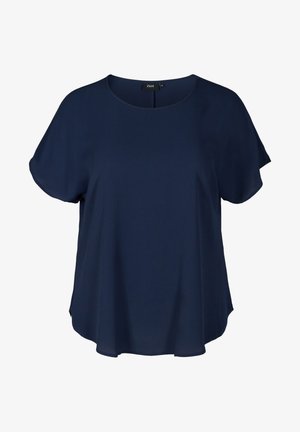 Navy blue short-sleeve top made from lightweight fabric, featuring a rounded neckline and a loose, flowing fit with side splits.