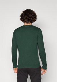Dark green pullover sweater with long sleeves, ribbed cuffs and hem, made from a textured knit material, simple round neckline.