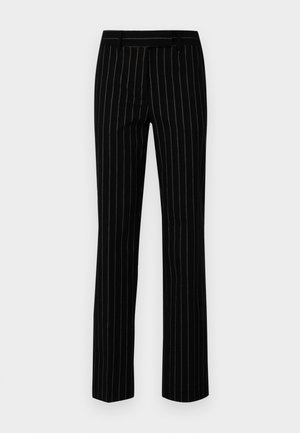 Pantalons noirs sur mesure avec des rayures verticales dorées et blanches. Fabriqués en tissu lisse, avec une coupe droite et une taille classique.