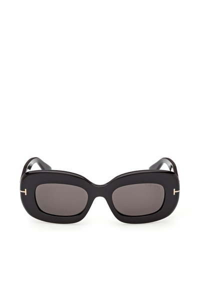 Lunettes de soleil rectangulaires noires avec des montures épaisses et des verres teintés, arborant un petit logo "T" doré sur chaque branche.