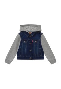 Buttoned dark blue denim jacket with gray long sleeves and attached gray hood, designed for children.