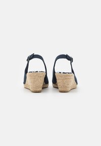 Sandales compensées bleu marine avec des talons en jute tissé, sangle de cheville réglable et semelle intérieure à motifs. Dessus en tissu lisse avec un design à dos ouvert.
