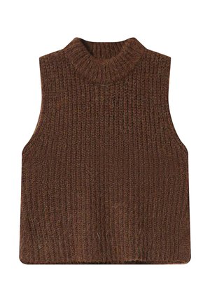 Haut sans manches en tricot côtelé marron avec un col haut et une coupe décontractée. La texture est douce avec un aspect légèrement duveteux.