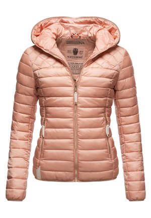 Gevoerde jas in zachtroze, met een gequilt ontwerp, rits aan de voorkant en capuchon. Inclusief twee ritszakken aan de zijkant en gouden accenten.