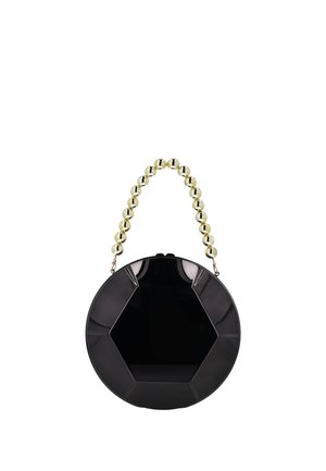 Lesklá černá kulatá kabelka s šestibokým vzorem a krátkým uchycením z velkých zlatých korálků.