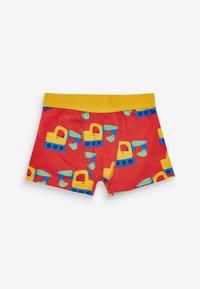 Røde bomulds boxershorts med gul talje, med et mønster af farverige byggemaskiner. Blødt stof med strækbar pasform.