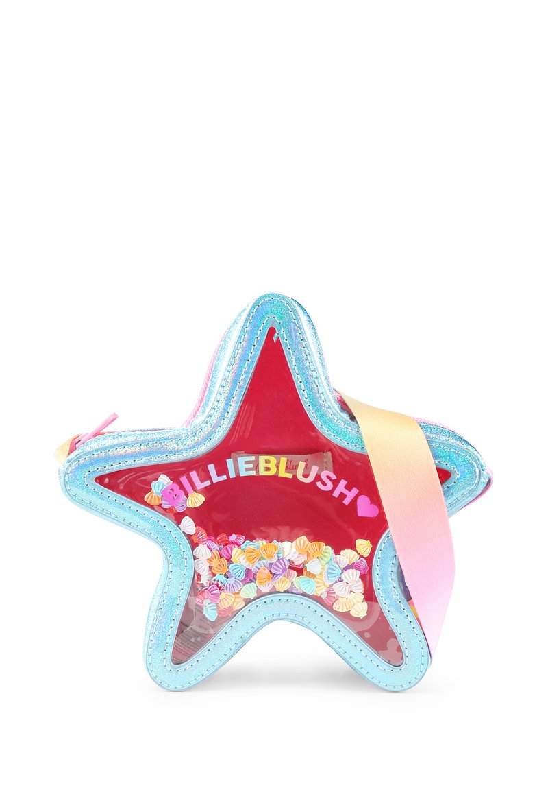 Stervormige tas met een transparante rode body, lichtblauwe randen, pastel glansaccenten en een kleurrijke schelpversiering aan de binnenkant.