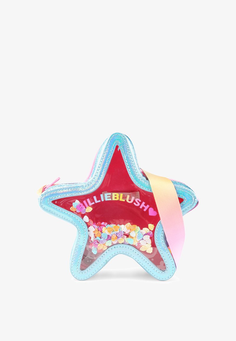 Stervormige tas met een transparante rode body, lichtblauwe randen, pastel glansaccenten en een kleurrijke schelpversiering aan de binnenkant.