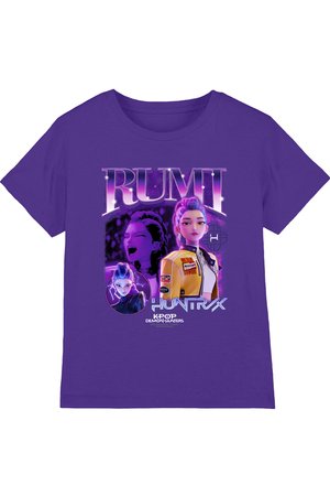 Purple T-shirt featuring three stylized female characters, large "RUMI" text, and "HUNTRX K-POP DEMON HUNTERS" branding.