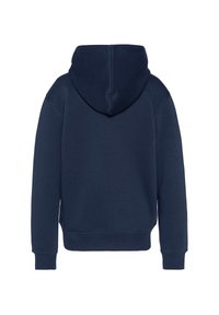 Felpa con cappuccio blu navy, realizzata in un tessuto morbido, con un ampio cappuccio e polsini e orlo a costine. Design semplice, senza motivi o dettagli visibili.