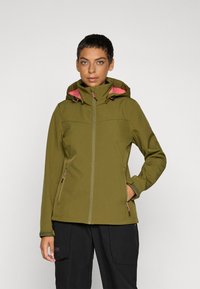 Olivenfarget softshell-jakke med hette i rosa, full frontglidelås og to sidelommer med glidelås. Har elastiske mansjetter og en tettsittende design.