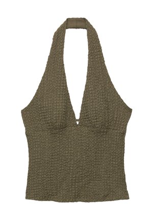 Olivgrön halterneck-topp gjord av textil med strukturerad, krinklad yta och djup v-ringning samt en figurnära form. Har en knytning bak.