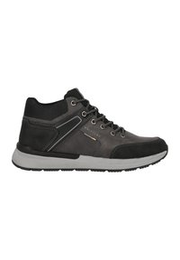 Baskets de sport noires et grises avec un mélange de cuir suédé et de matériaux en mesh, dotées de lacets, d'une semelle en caoutchouc et d'un accent de design distinctif.