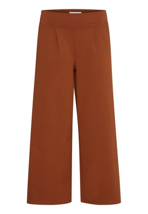 Braune Schlaghose aus glattem Material mit einem Bund, einzelnen Falten vorne und ohne sichtbare Taschen.