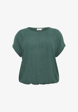 Groene korte mouwen top met een losse pasvorm, voorzien van verticale ribbelstructuur en subtiele metallic accenten. Rond de halslijn.